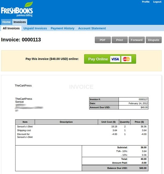 FreshBooks interface