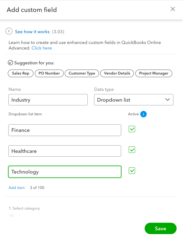 Use custom fields for vendors and expenses in QuickBooks Online Advanced