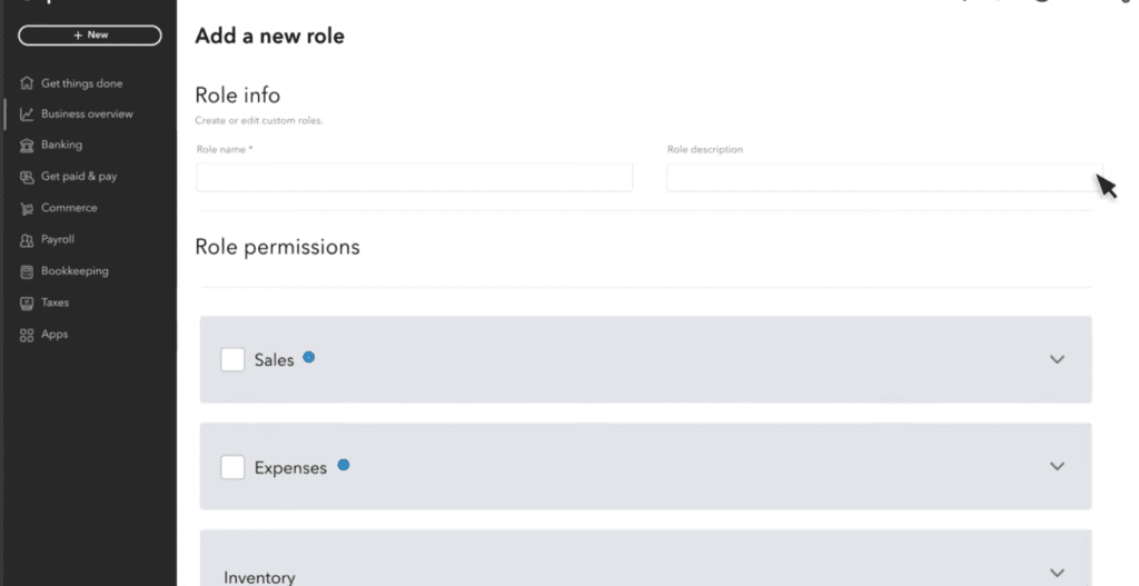 Custom Roles setup screen, where you name a role, add a description, and choose which areas it can access.